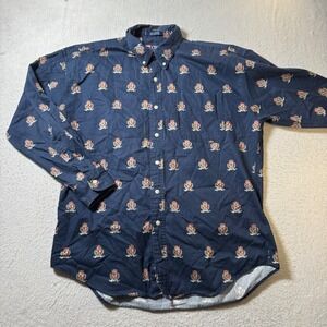 Chaps Ralph Lauren Navy Crest Print Long Sleeve Button Up Shirt Men's Size L VTG